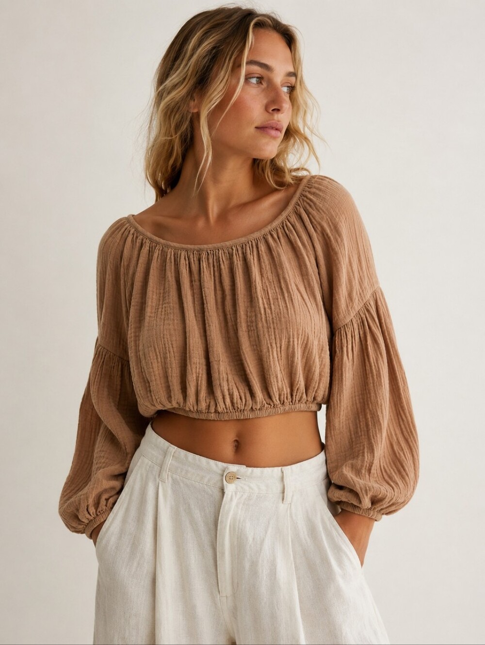 Free People We The Free Parfait Bubble Crop Top, M, Boho, Coastal, Coffee